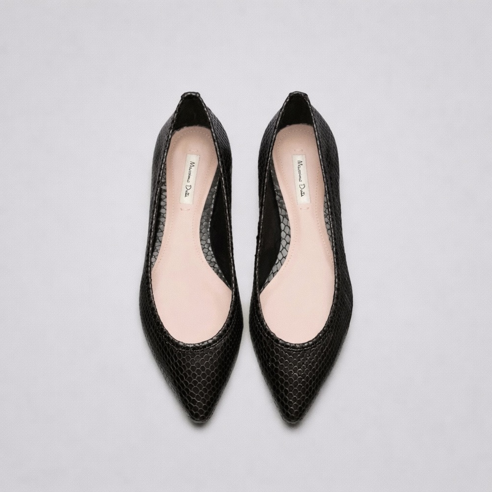 Massimo Dutti Black Snakeskin Leather Pointed Toe Ballet Flats EU 38 / US 7.5